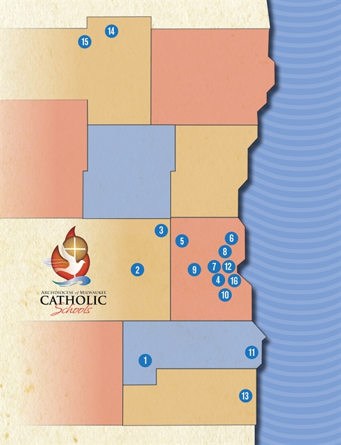 Map of the Milwaukee Archdiocese’ ten counties and approximate locations of Catholic high schools