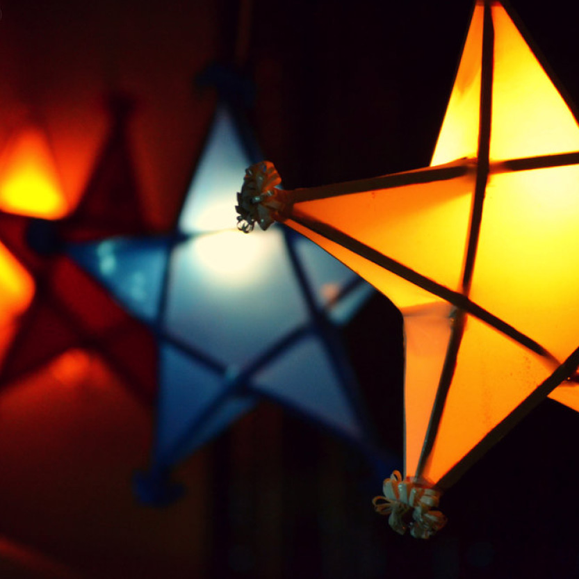 Night scene with lighted ornaments.