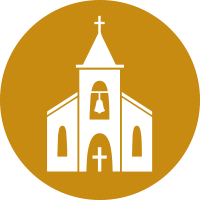 Two-color logo of church on plain background